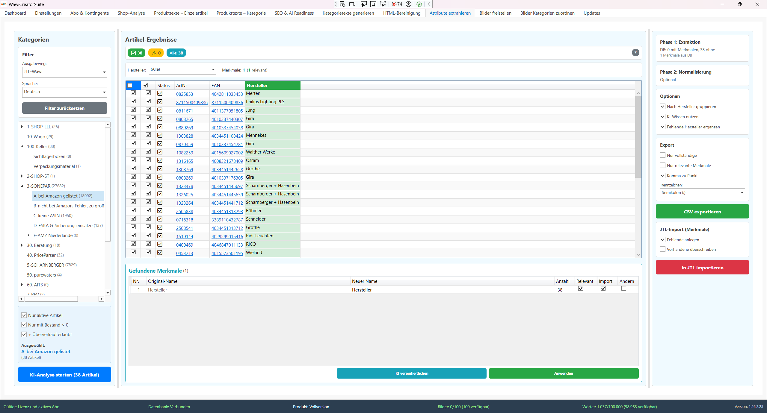 WawiCreatorSuite Attribut-Extraktion